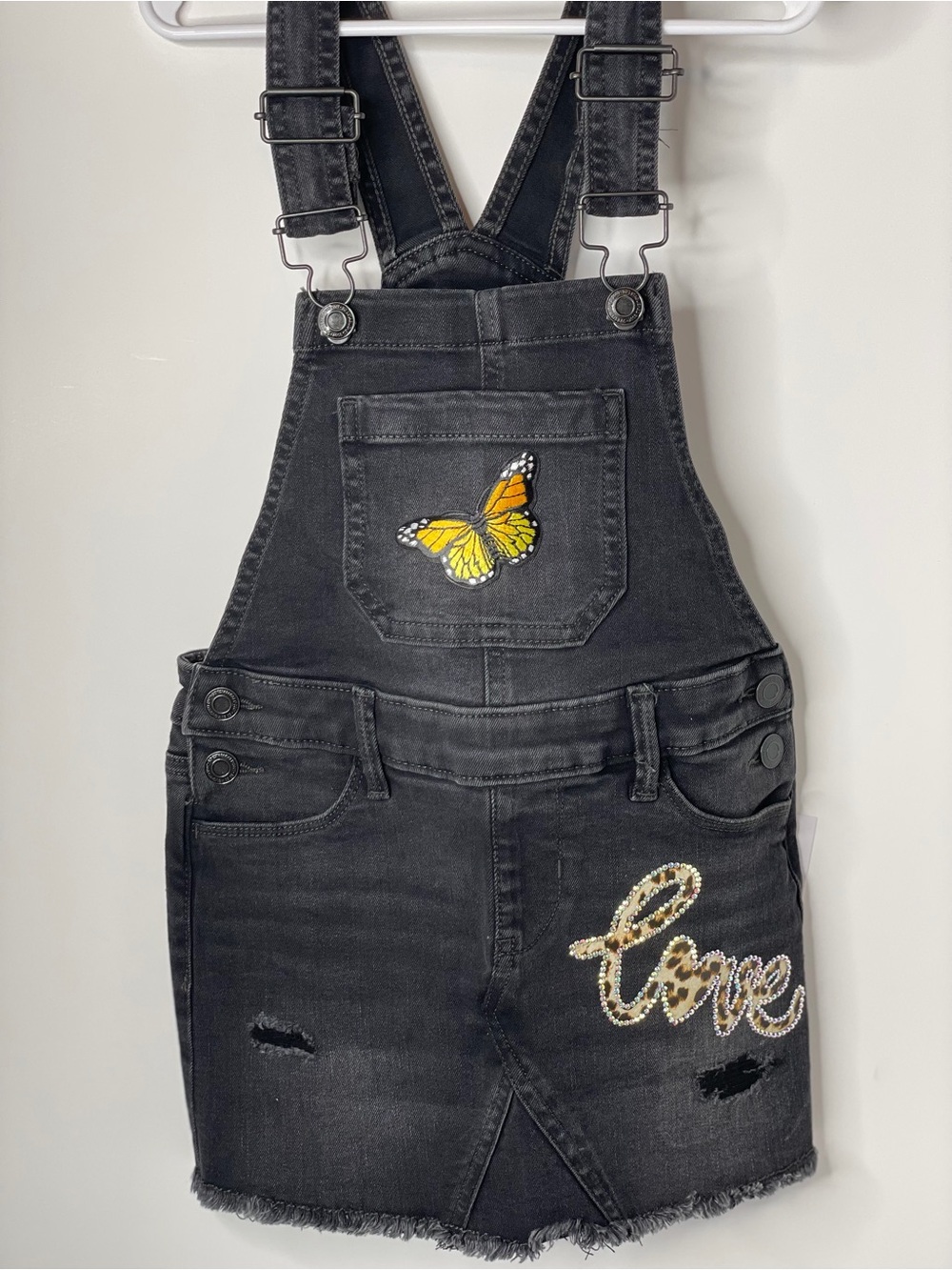 SO Black Denim Overall Skirt with Yellow Butterfly Patch